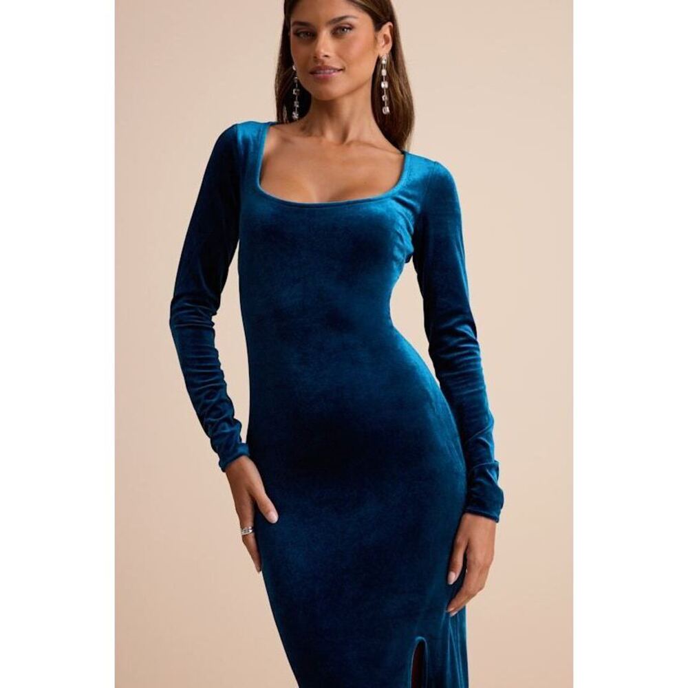Lulus Alessia Teal Blue Velvet Long Sleeve Maxi Dress - Size M
